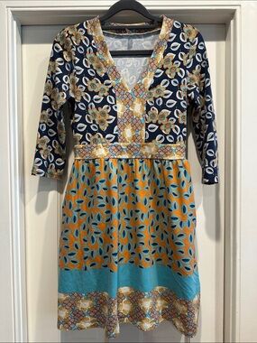 Anthropologie Navy and Mustard Mixed-Print V-Neck Mini Dress
